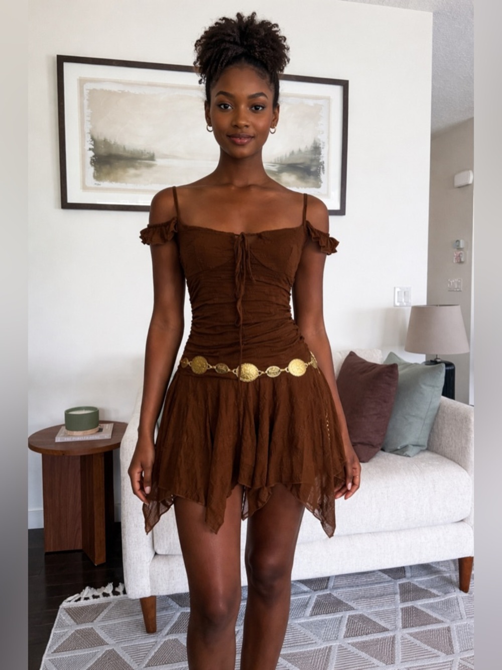 Brown Ruched Mini Dress - Picture 3 of 5